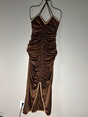 Brown Ruched Satin Slip Dress with Contrast Trim